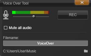 waar de voice-over moet beginnen en eindigen. Wanneer u klaar bent, opent u het gereedschap Voice-over. Het gereedschap Voice-over, klaar voor gebruik.