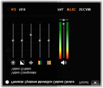 Met het venster Analoge ingangsniveaus kunt u een aantal videoen audioparameters aanpassen. De schuifknop Tint (vierde van links) wordt niet gebruikt bij PAL-bronnen.