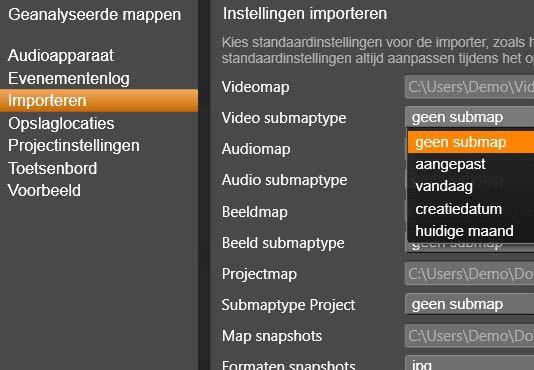 Mapopties: Hier kunt u de standaard opslaglocaties voor media en projecten weergeven of instellen die fysiek worden gekopieerd tijdens het importeren; dat is niet het geval bij gekoppelde imports,