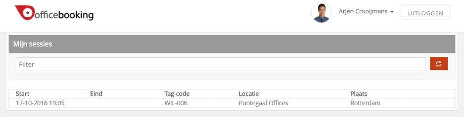 7 Mijn sessies Als je mijn sessies selecteert, zie je al je werksessies. Er wordt een werksessie gestart als je incheckt op een werkplek.