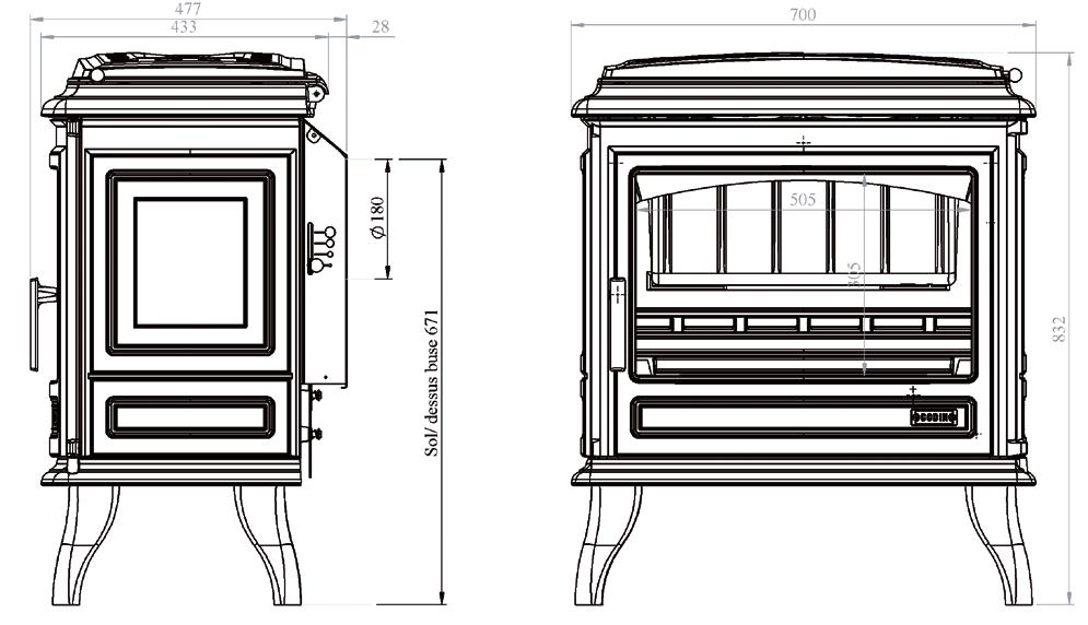 Godin REVIN TOP 366149 bijzonderheden vermogen brandstof rookgasaansluiting pijpdiameter materiaal gewicht kleuren