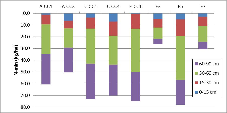 Tot op bouwvoordiepte (30 cm) werden geen of vrijwel geen significante verschillen tussen de objecten gevonden in de hoeveelheid minerale stikstof per hectare (tabel 5-11, figuur 5-2).