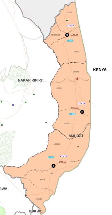 Tabel 1 Doelgroepen District Sub County Parish Dorp >18jaar 6-17jaar 0-5jaar Totaal # mensen in Dorp Inschrijving 2017* % Inschrijving Amudat Karita Karita Namodo 375 502 218 1,095 120 23.