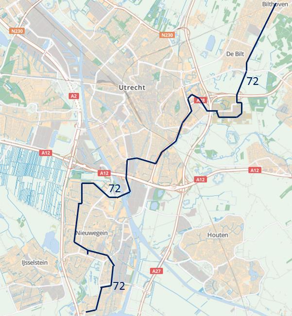 Vervoerplan 2014 Definitieve versie De onderstaande figuur geeft de route van lijn 72 tussen Bilthoven en Nieuwegein weer.
