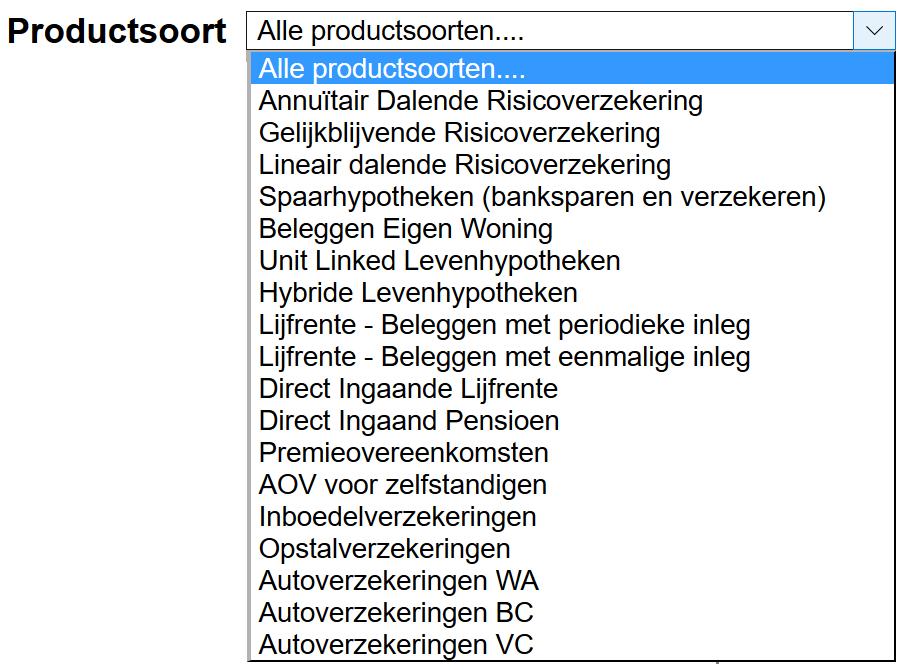 Wanneer u in het resultatenscherm bent gekomen via een van de productsoorten dan is deze productsoort automatisch geselecteerd.