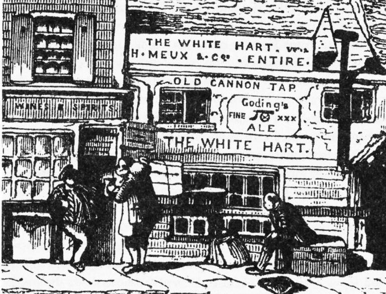 White Hart, Knightsbridge rond 1840. Porters rusten en genieten van een bier.