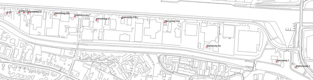 Figuur 9 Huidig aanwezige woningen aan Hanzeweg, Haalmansweg en Stationsweg De geluidsbelasting bedraagt op geen van deze woningen meer dan 55 db(a).