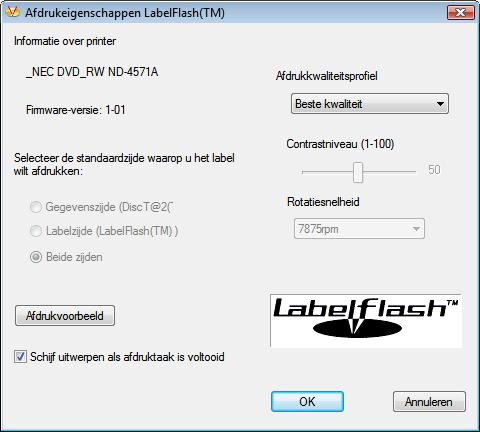 Labelflash-labels afdrukken 17.1 Venster Afdrukeigenschappen Labelflash In het venster Afdrukeigenschappen Labelflash kunt u de afdrukeigenschappen voor Labelflash-labels instellen.