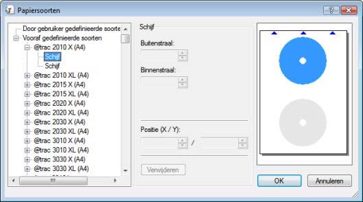 Afdrukinstellingen en papiersoorten Het venster bestaat uit drie delen. In de selectielijst links worden voorgedefnieerde en zelfgedefinieerde papiersoorten weergegeven.