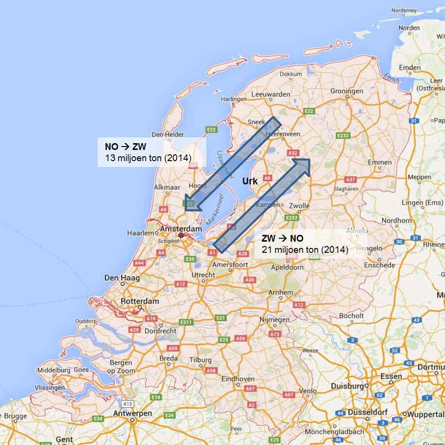 Figuur 2.14 Goederenstromen per binnenvaart tussen het noorden/oosten en zuiden/westen Bron: CBS publicatiebestanden binnenv aart en wegv erv oer 2014. 2.3 