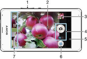 Camera Foto's maken en video's opnemen 1 Zoom in of uit 2 Hoofdcamerascherm 3 Geef foto's en video's weer 4 Maak foto's of neem videoclips op 5 Ga een stap terug of sluit de camera af 6 Pictogram