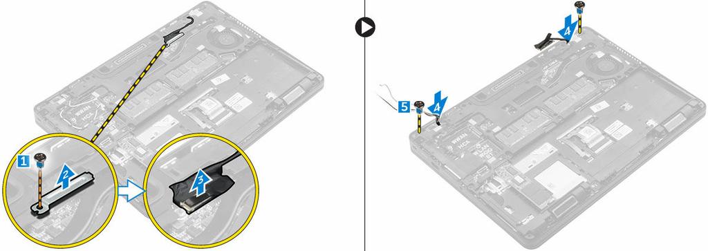 c. Verwijder de schroeven waarmee het beeldscherm aan de computer is bevestigd [3]. 4. U kunt als volgt de beeldschermkabel loskoppelen en het beeldscherm verwijderen: a.