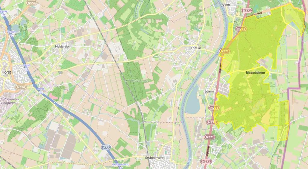Figuur 5. Ligging plangebied (rode ster) ten opzichte van Natura 2000-gebied Maasduinen (bron: http://www.synbiosys.alterra.nl/natura2000/googlemapszoek2.asp).