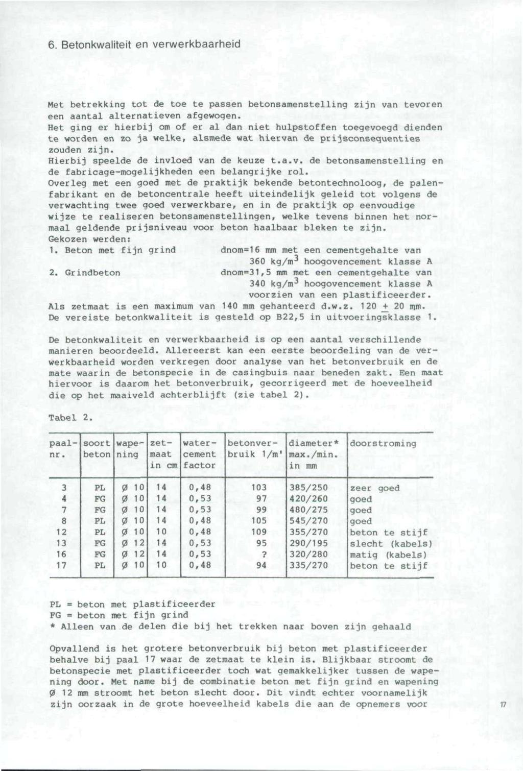 6. Betonkwaliteit en verwerkbaarheid Met betrekking tot de toe te passen betonsamenstelling zijn van tevoren een aantal alternatieven afgewoqen.