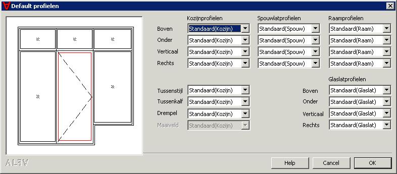 Profielen... Met deze knop is het mogelijk om de standaard profielen van een kozijn aan te passen.