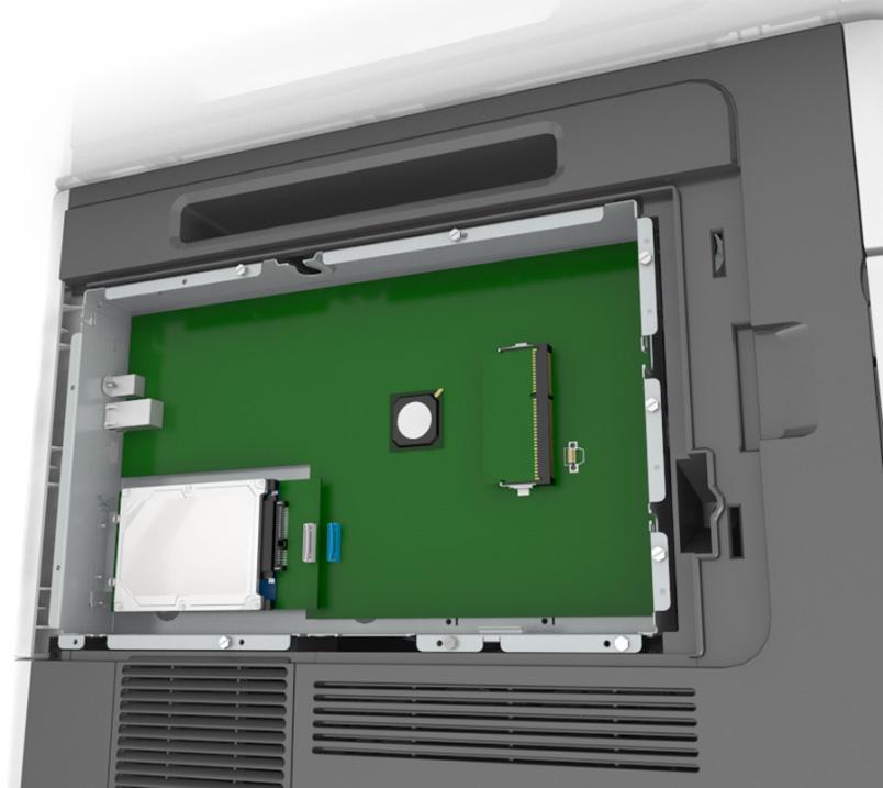 Extra printer instellen 13 4 Onderstaande illustratie geeft aan waar de juiste aansluiting te vinden is: Let op Kans op beschadiging: De elektronische componenten van de controllerkaart raken