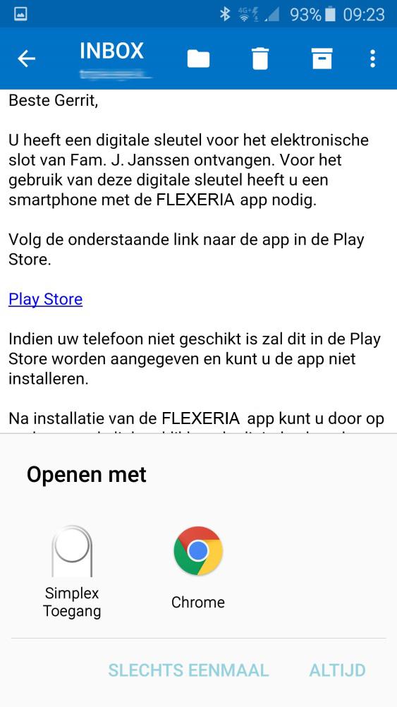 Als op de link voor het activeren van de sleutel wordt gedrukt, wordt deze geopend in de Flexeria Toegang app en geactiveerd.