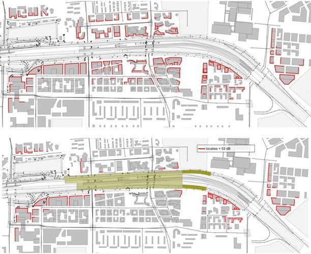 figuur 5.4 Gevels met een geluidbelasting boven de maximale ontheffingswaarde A10 zonder (boven) en met de realisatie van de beleidskeuzes (onder) De A10-tunnel zal uit vier tunnelbuizen bestaan.