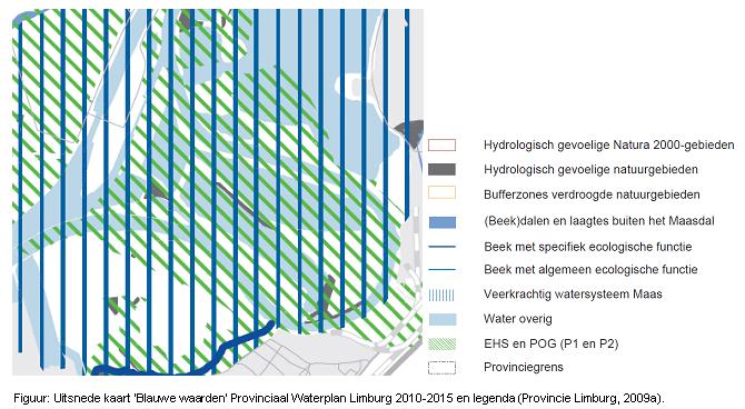 Op de kaart met blauwe waarden is het hele plangebied aangeduid als onderdeel van het veerkrachtig watersysteem Maas en EHS en POG.