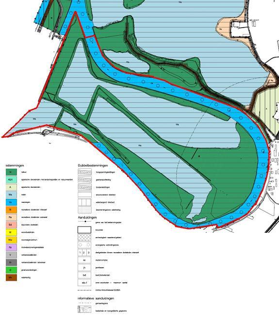 Daar binnen zijn de volgende bestemmingen van toepassing: Water (Wa), voor de verschillende bestaande waterplassen en ook het meest zuidelijke gedeelten van de Maas (nabij de stuw/sluis).