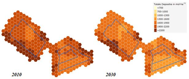 Afbeelding 2: Totale depositie op Natura 2000-gebied Binnenveld in 2010 en 2030. Bron: Aerius 1.5 Aerius 1.