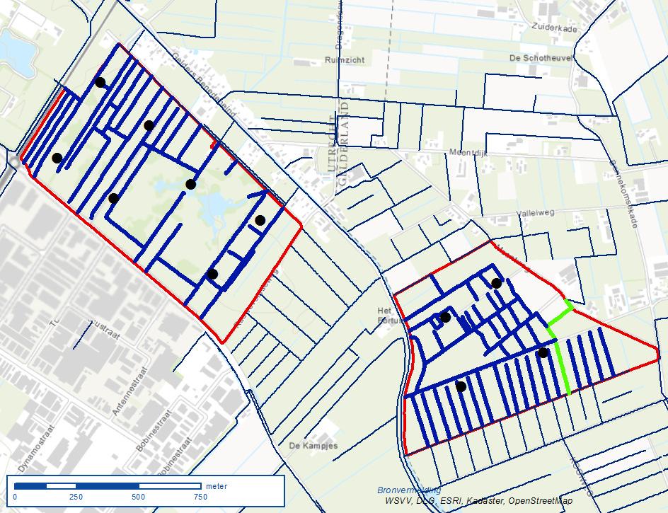 Afbeelding 26 Locaties kwelputten (zwarte stippen) en te dempen watergangen (dikke blauw lijnen) binnen het Natura 2000-gebied Binnenveld.