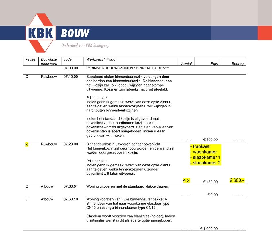 Kruis de gewenste optie(s) aan, vermeld indien nodig de betreffende ruimte(s), waar deze optie is gewenst en vul vervolgens het aantal en