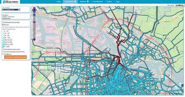 Nabij locatie 3: hetzelfde beeld dat in de ochtend de stroom fietsers naar Amsterdam groter is dan naar Zaandam en dat in de middag-/avondspits het omgekeerde beeld te zien is.