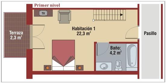 Suite: Ruime kamer voor 4 à 5 personen met salon en met terras. Benedenkamer met dubbel bed, mezzanine met 2 of 3 enkele bedden. Private badkamer met massage bad.