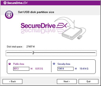 9. Zoals u op de afbeelding hiernaast ziet, is de opslagruimte van de Pocket Drive II verdeeld in twee partities: een beveiligd en een algemeen toegankelijk gedeelte. 10.