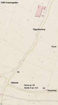 Ingetekend fragment van de kadastrale kaart van 1832. Zoutendam, later Tichelaarsweg De afgebroken hofstede heeft gestaan in Verré nr. 35, op de hoek Verreeweg - Zoutendam.
