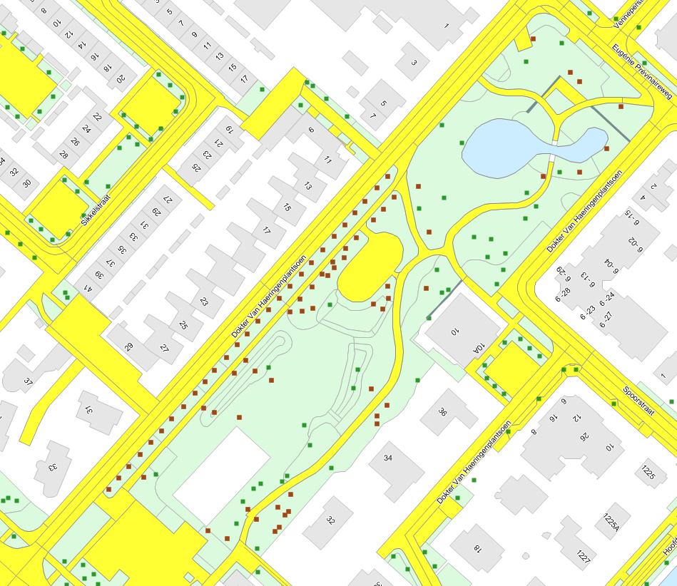 Figuur 1: bomen te verwijderen (rood) en te handhaven (groen) Inventarisatie en toekomstverwachting bomen De bomen zijn individueel beoordeeld op conditie en mankementen (parasieten, snoeirot, holtes