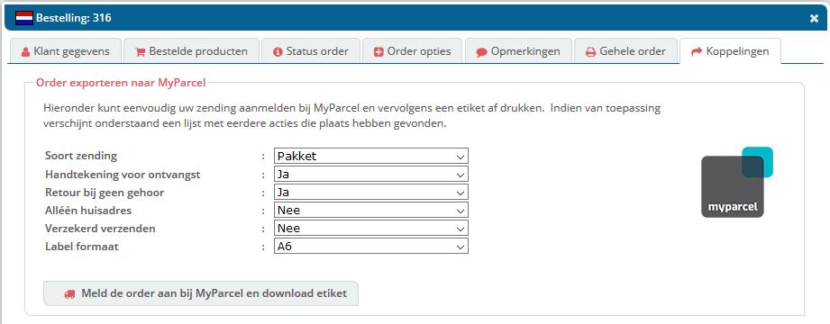 Wanneer je de order nog niet verzonden hebt naar MyParcel heb je daar één optie staan: Meld de order aan bij MyParcel en download etiket.
