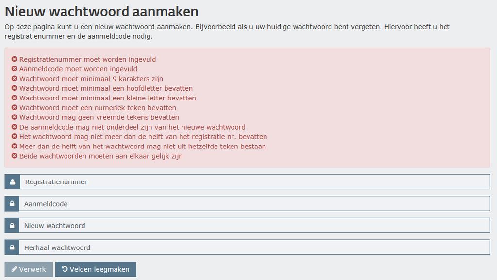 Afbeelding 8 - Nieuw wachtwoord aanmaken Tip: Wanneer u fouten maakt in de in te voeren gegevens, kunt u in één keer alle velden weer leeg maken door op de knop Velden leegmaken te klikken.