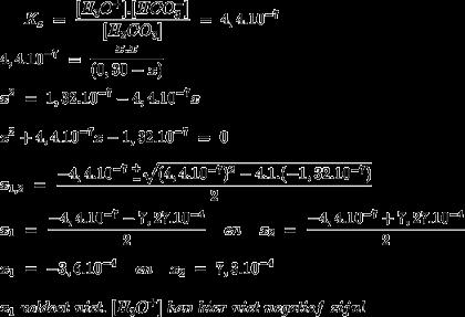 [H 3 O + ] = 7,3.10-4 ph = - log 7,3.10-4 = 3,44 ph-berekening van een oplossing van een zwak zuur. kn.nu/ww7fe026e (youtu.