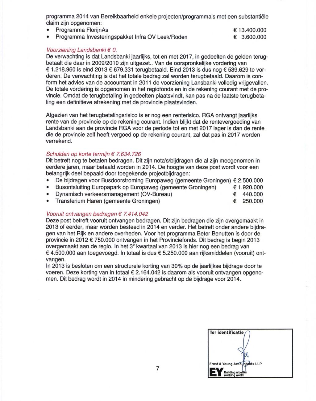 programma 2014 van Bereikbaarheid enkele projecten/programma's met een substantiële claim zijn opgenomen: Programma FlorijnAs 13.400.000 Programma Investeringspakket Infra OV Leek/Roden 3.600.