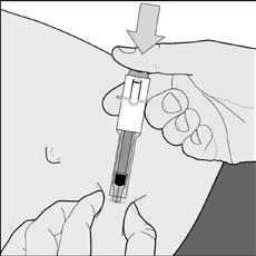 6. Knijp voorzichtig in de schoongemaakte huid om een plooi te krijgen. Houd de huidplooi tussen duim en wijsvinger gedurende de hele injectie (Tekening C). Tekening C 7.
