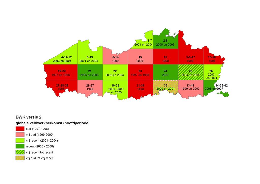 Figuur 7-11. Hoofdperiode van het veldwerk per kaartblok. Figuur 7-12. Herkomstgegevens (hoofdperiode veldwerk + andere herkomsten) van de BWK versie2.