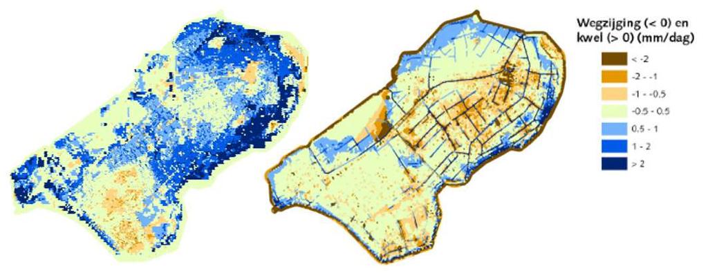 Het effect hiervan op de grondwaterstroming in het 1 e watervoerend pakket is zichtbaar in Afbeelding 38, waar je duidelijk minder diepere grondwaterstanden ziet dan onder Flevoland.