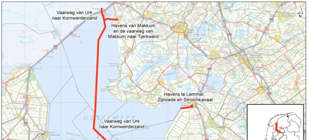 Afbeelding 2: Topografische namen vaarwegen van Urk naar Kornwerderzand en zijtakken waar onvoldoende diepgang is In de afgelopen jaren is vaker gekeken naar de mogelijkheden voor een betere