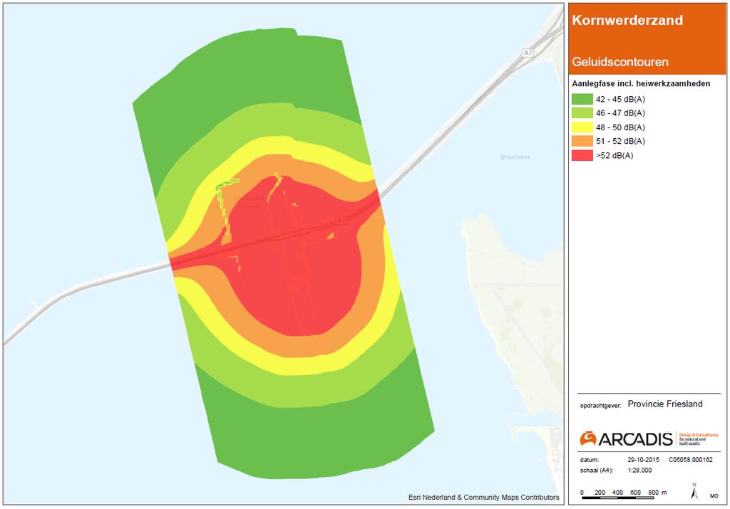 RUIMTELIJKPLAN SLUIS KORNWERDERZAND Afbeelding 25. 24-uurs etmaal gemiddelde geluidscontouren tijdens werkzaamheden aan Kornwerderzand inclusief heien.
