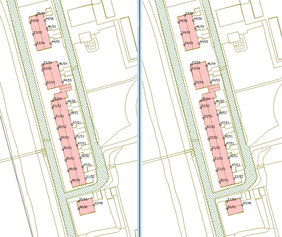 Geluidregister met gevuld plafond Plansituatie 2030 Figuur 4: Berekende geluidsbelastingen vanwege de A7 bij de aanwezig woningen (links situatie volgens geluidregister met gevuld plafond, rechts