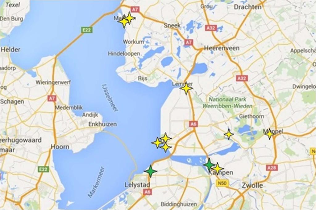 Afbeelding 15: Ligging scheepswerven rond IJsselmeer (gele ster = scheepswerf, groene ster = handelshaven) Gekoppeld aan deze werven is een grote groep toeleveringsbedrijven, die naar verwachting