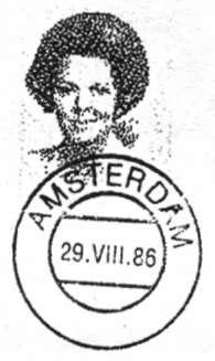 Afb.10 Rolzegel Beatrix 75c, met stempel Amsterdam 29. VIII. 86, zonder uur-aanduiding. Post met een binnenlandse bestemming mag officieel niet door de postzegelplakmachine gestempeld worden.