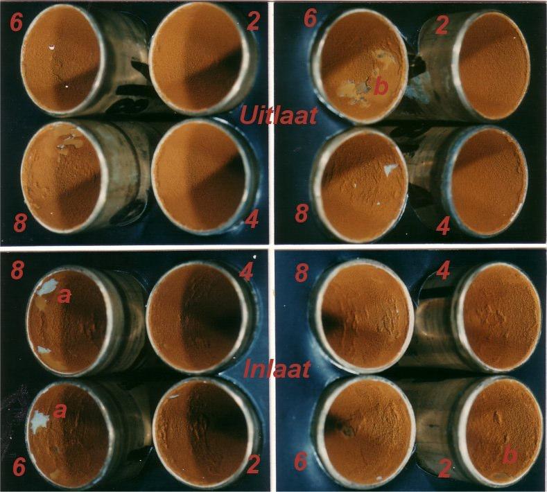 16 Messing www.hbscc.nl - 11 - Afb. 9 De pijpstukjes no. 2, 4, 6 en 8 van proef 18 na dosering van ferrosulfaat in hoge concentratie (1 ppm Fe) zonder reiniging met Taprogge ballen.