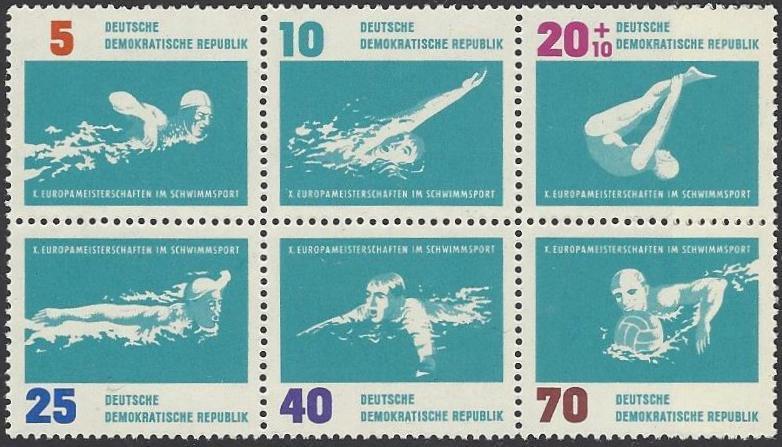 DDR (907/912 - Blokje van 6 zegels) 7-8-1962 DDR EK Zwemmen, schoonspringen en waterpolo van 18-25 augustus 1962 in Leipzig 907 5 Pf. Vrije slag 0,30 0,30 908 10 Pf.