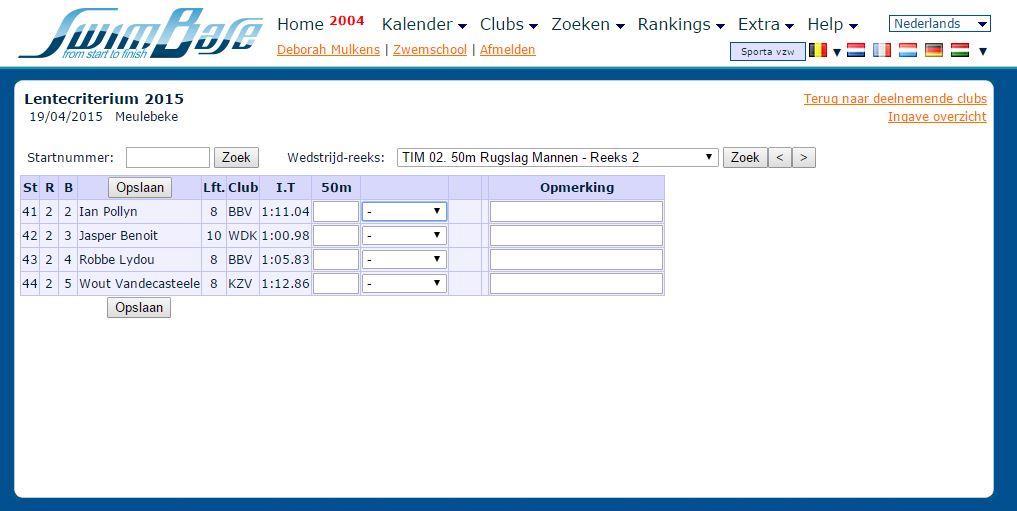 Indien in geen enkele reeks van deze wedstrijd een plaatsje vrij is, kan de zwemmer niet meer toegevoegd worden. 3)INGEVEN UITSLAG Om de uitslag in te geven kiest u de optie invoeren van resultaten.