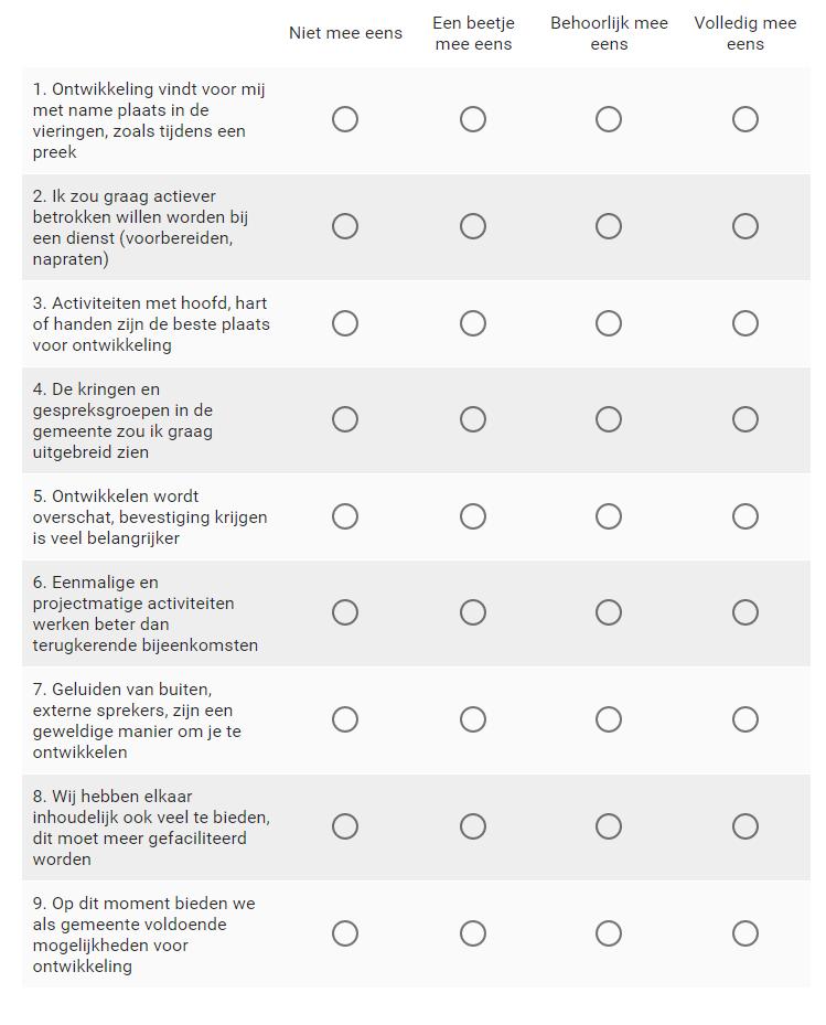 4. Ontwikkelen Een kerk/gemeente is bij uitstek een plek om meer te leren over geloof, of om juist bevestiging te krijgen en wellicht ook uitgedaagd te worden met vragen.