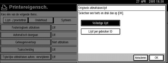 De Oorspronkelijke afdruktakenlijst kiezen 4 Kies voor de afdruktakenlijst een van de twee soorten weergave: Complete lijst: geeft een lijst weer van opgeslagen afdruktaken.