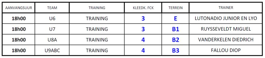 Woensdag 4 oktober 2017: Trainingen Onderbouw: Trainingen Middenbouw: Trainingen Bovenbouw: (*) kleedkamers pas beschikbaar na de training U13 U15 U17 komen aan in